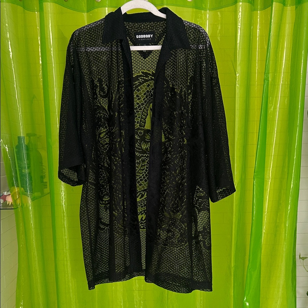 GODBODY Black Sheer Mesh Trench Coat